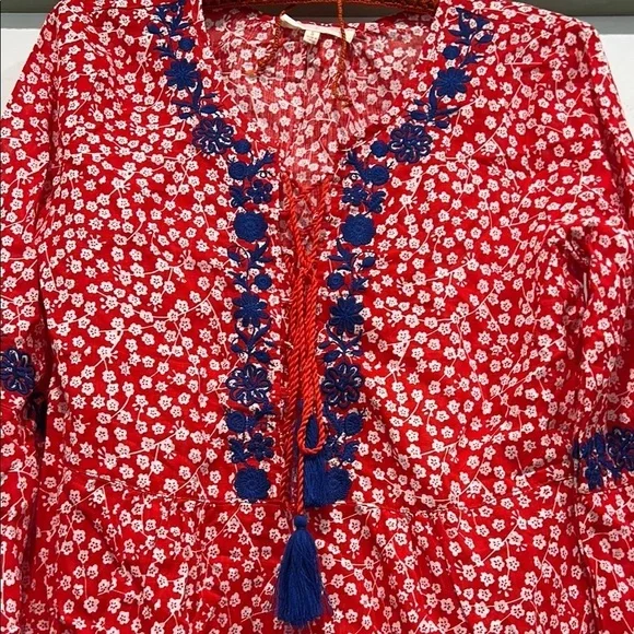 Solitaire Red / White Long Sleeve Tunic with blue embroidered bohemian top small - Picture 4 of 7